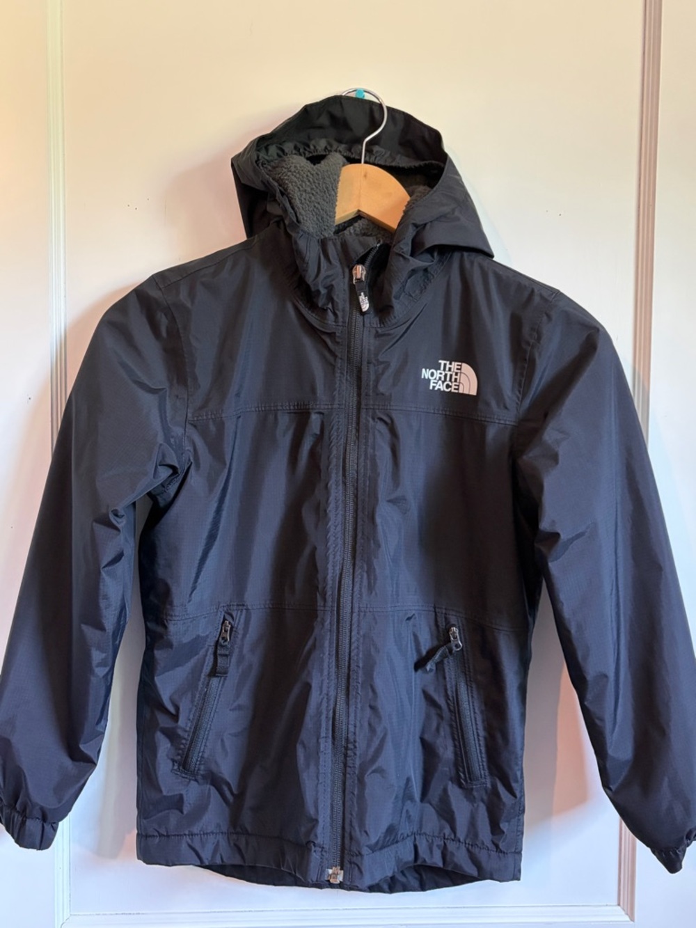 Kids The North Face Black Hooded Shell Jacket with Fleece Lining- 7/8
